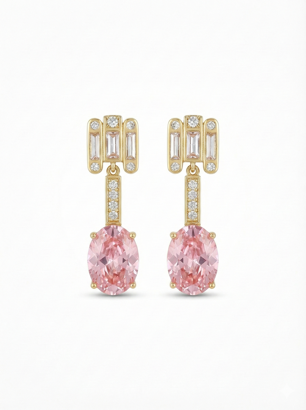 Radiant Oval Pink Drop Earrings in 14K Gold Plate