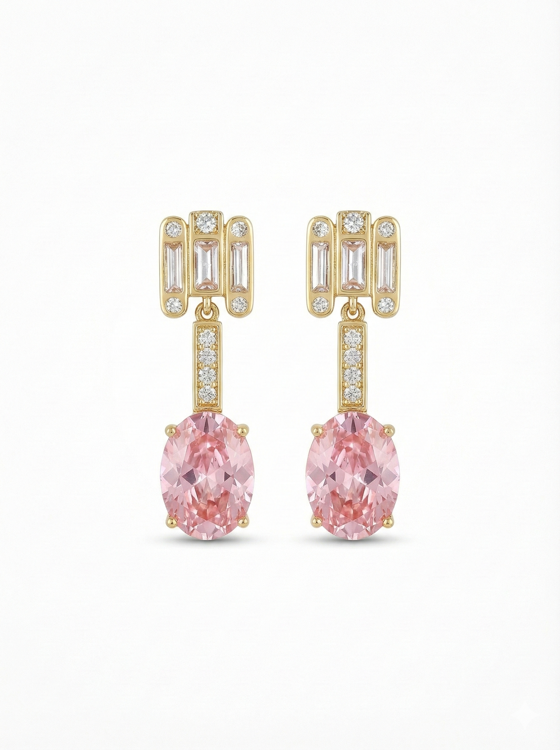 Radiant Oval Pink Drop Earrings in 14K Gold Plate
