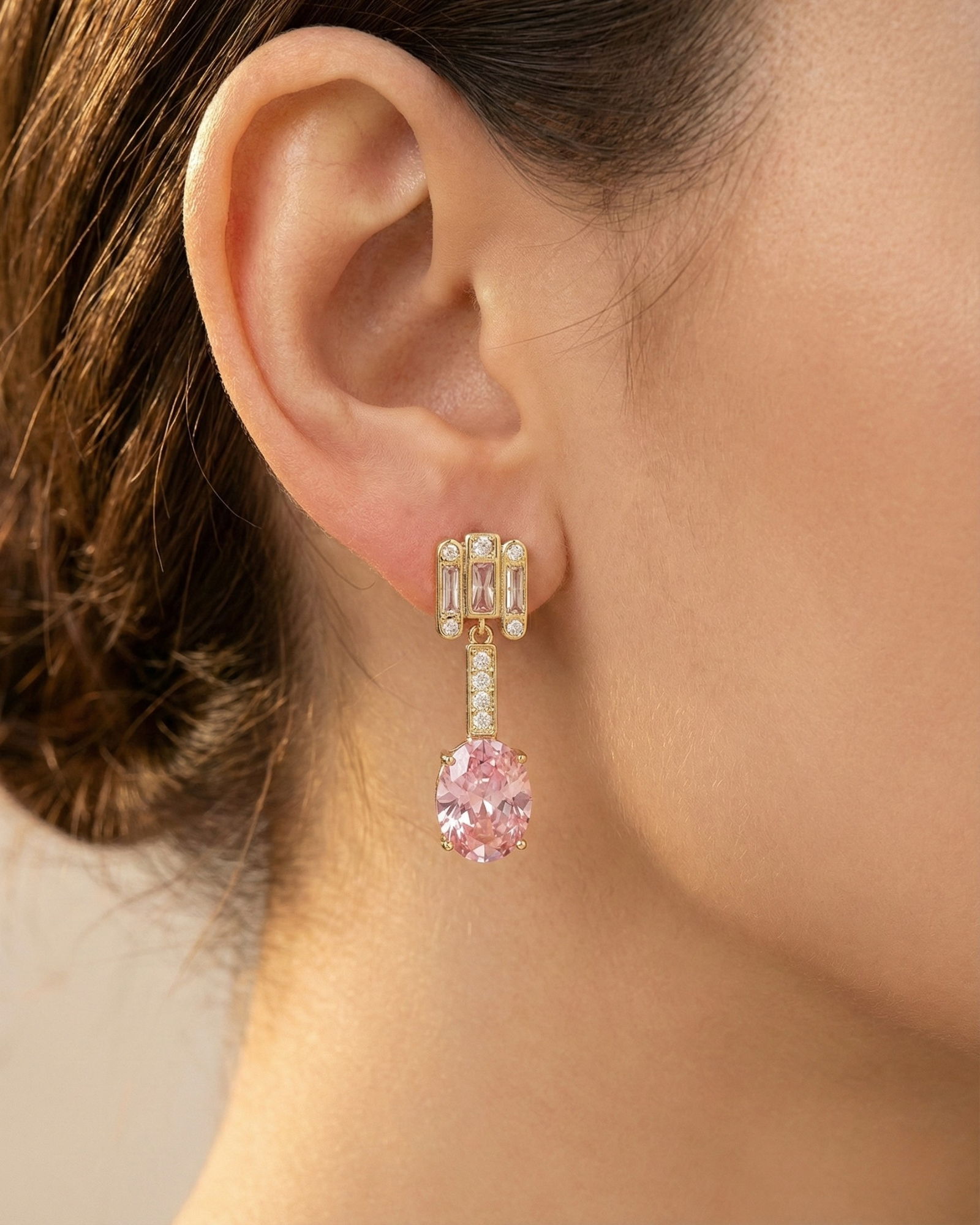 Radiant Oval Pink Drop Earrings in 14K Gold Plate